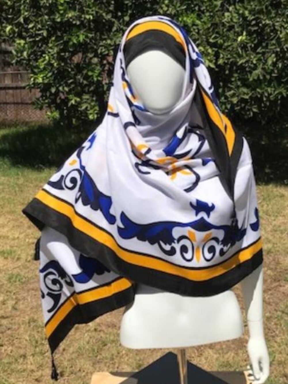 White with Blue and Yellow Design Fashion Scarf Beach Sarong Headscarf
